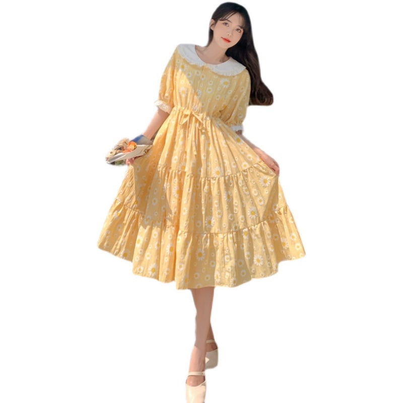 Long Skirt Small Girl Cute Yellow Floral Waist Dress