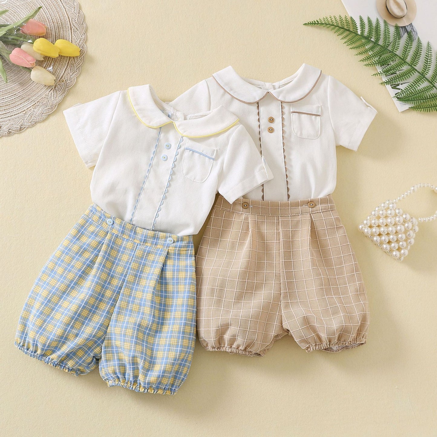 Children's Short-sleeved Shirt Plaid Shorts Handsome Set