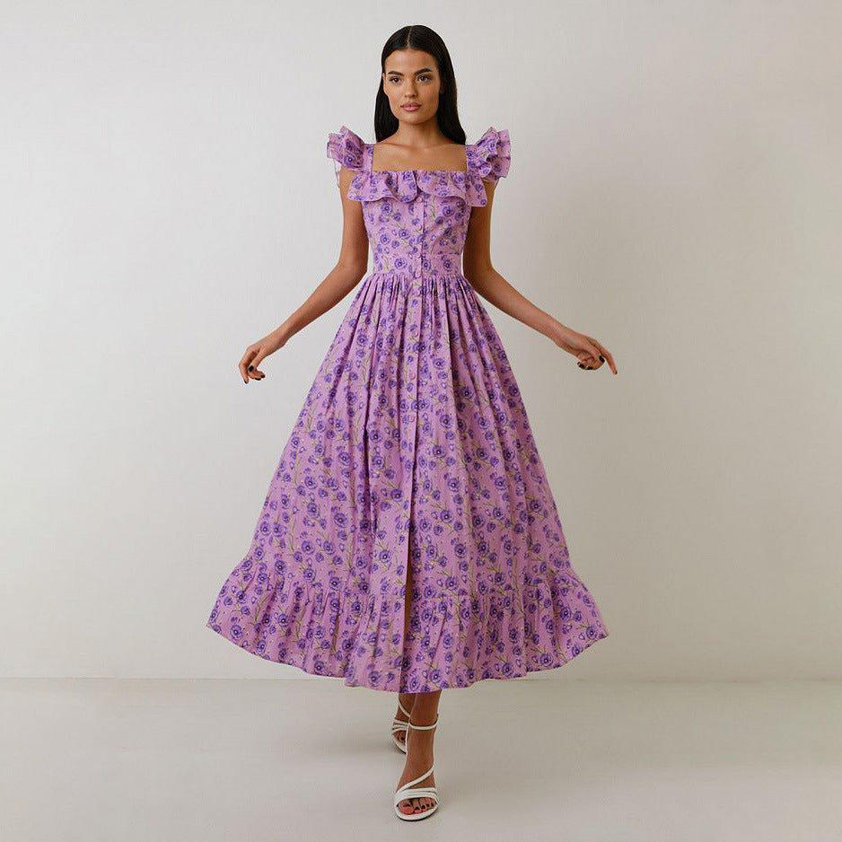 Robe florale française à col carré pour femmes