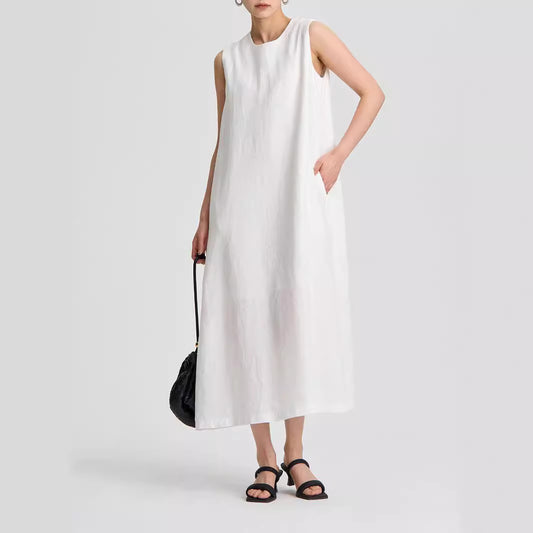 Linen Round Neck Sleeveless Dress Anti-exposure Midi Dress