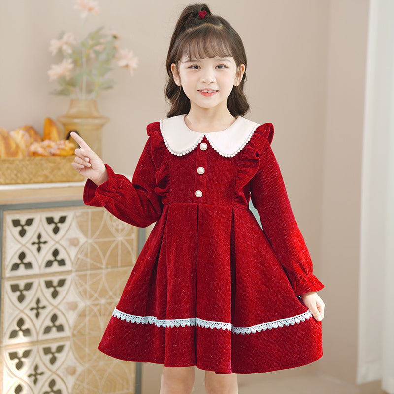 Foreign Style Winter  Red Velvet Princess Dress