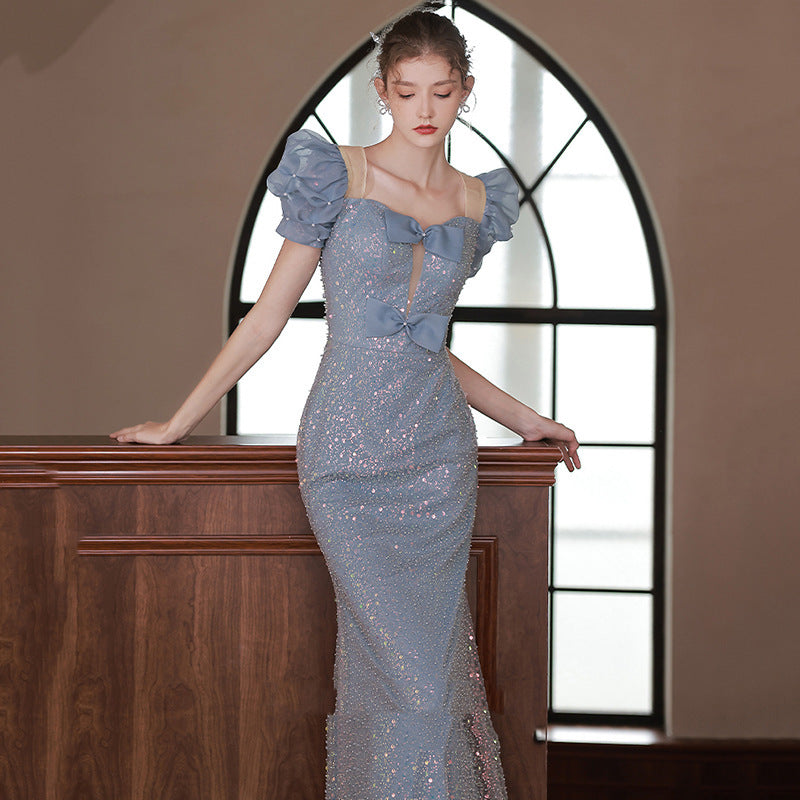 Blue Host Dress With Beaded Shoulders