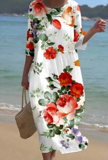 Women's Clothing Floral Printed Round Neck Dress