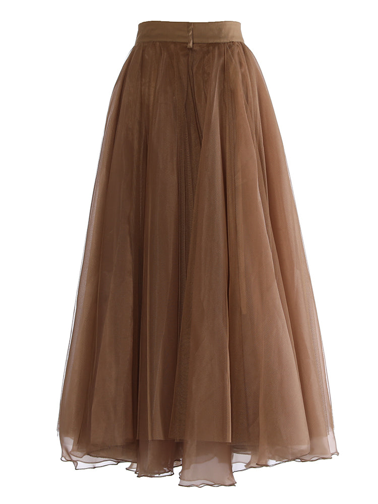 High Waist Khaki Skirt Versatile Irregular Tulle Skirt