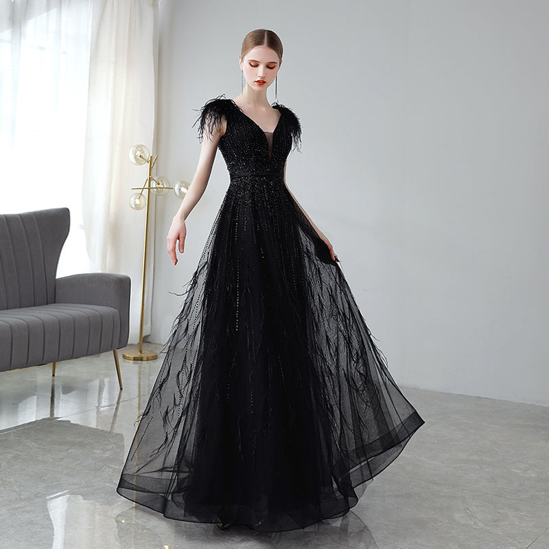 Robe de soirée noire à double épaule pour femme