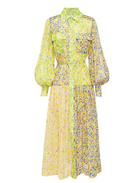 Women's Floral Color Matching Lantern Sleeve Long Dress