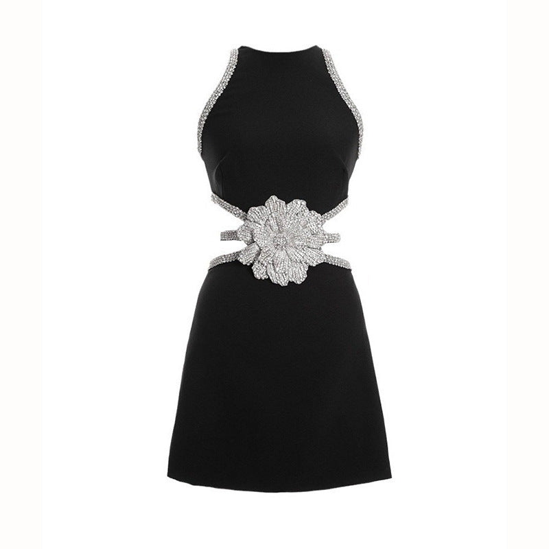 Summer Fashion Round Neck Sleeveless Hollow-out Midriff Rhinestone Flower Dress