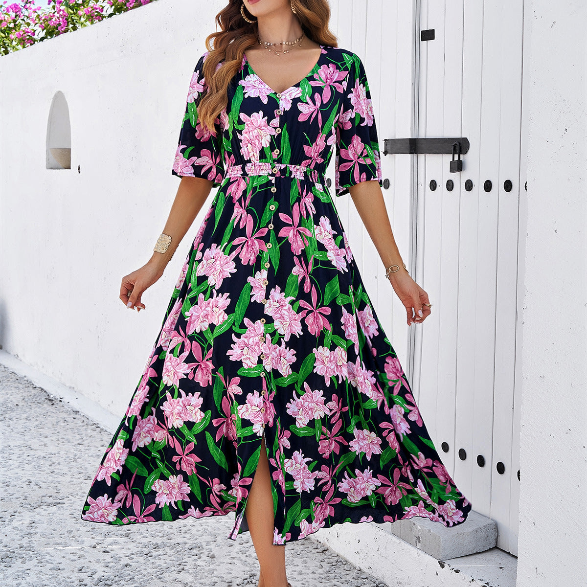 Vestido casual con abertura y estampado floral para mujer