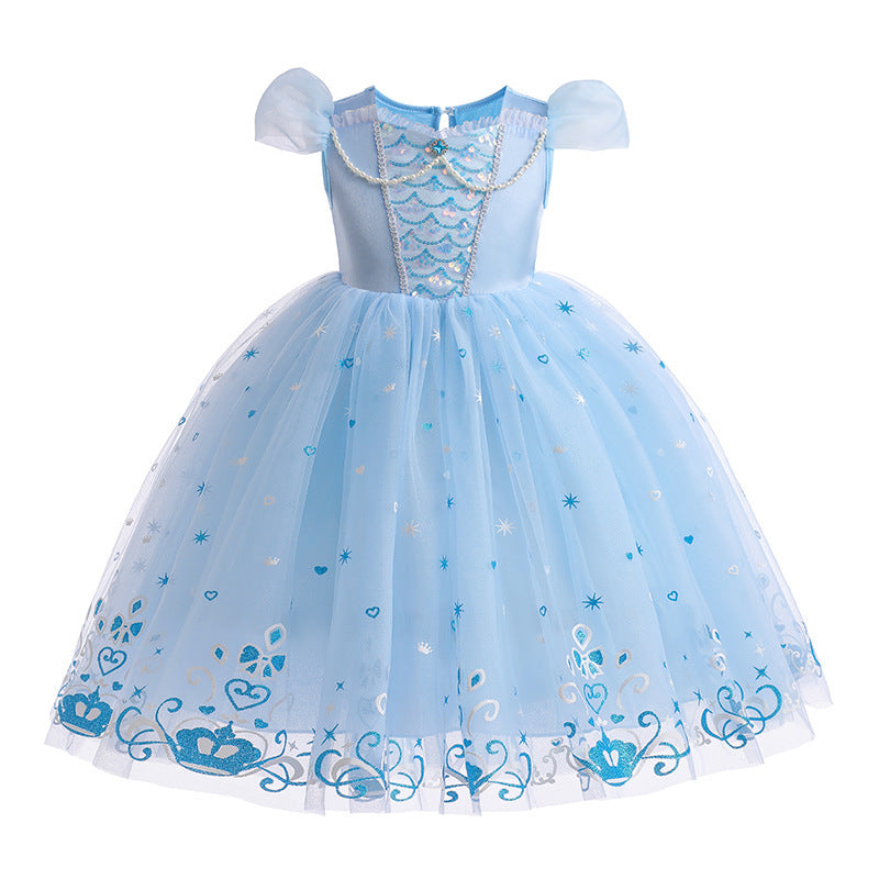 Girls' Elsa Cotton Dress Short-sleeved Puff Sleeve Dress