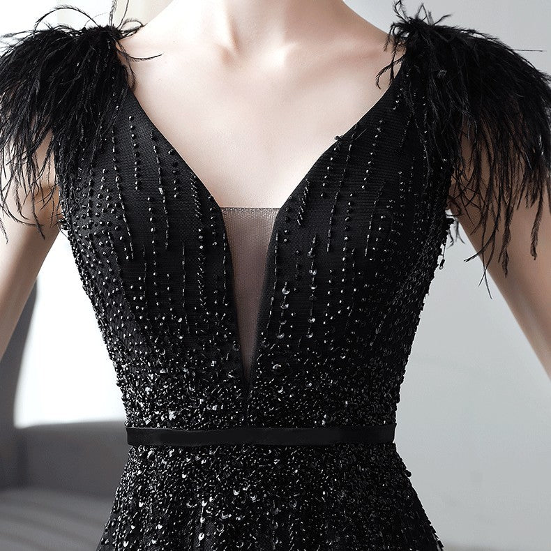 Robe de soirée noire à double épaule pour femme