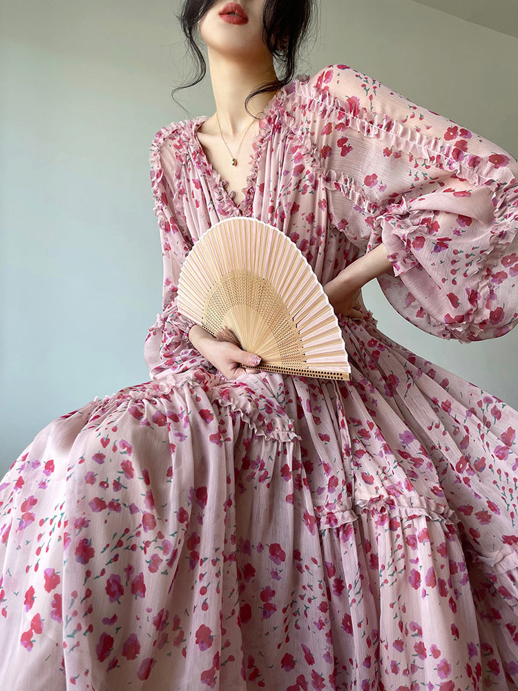 Robe douce à manches bouffantes pour pause thé, robe florale