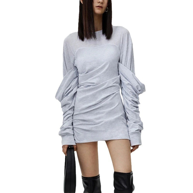 Simple Round Neck Long Sleeve Stitching Pile Style Design Solid Color Dress