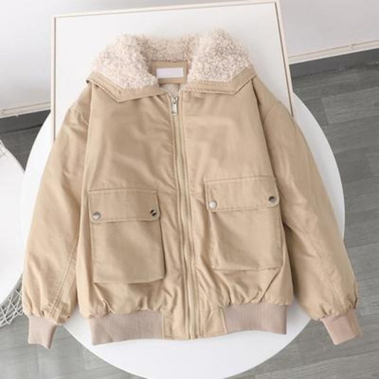 Cold Protective Clothing Warm Fleece Lined Candy Color Overalls Circle Fur Collar Lamb Student