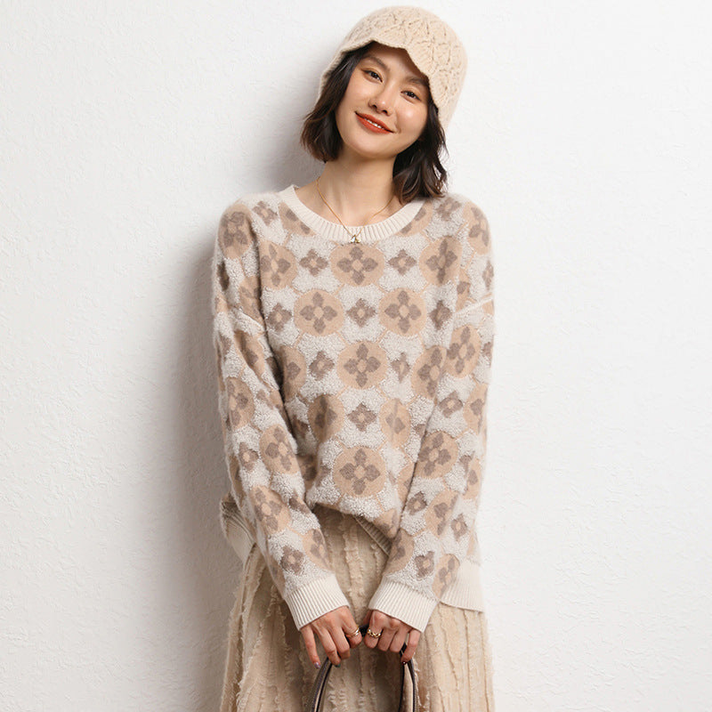 Women's Loose Round Neck Jacquard Double-layer Embroidery Cropped Pullover Sweater Wool