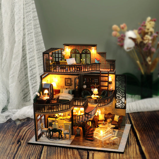 Diy Cottage Wooden Three-dimensional Assembled Cottage Three-layer Loft Apartment Model Retro Building Model