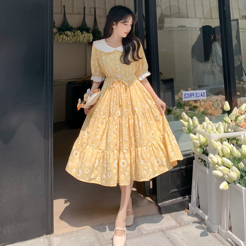 Long Skirt Small Girl Cute Yellow Floral Waist Dress