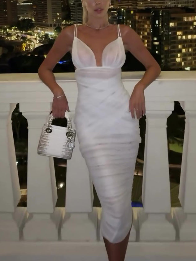 White Mesh Sling Hip Bodycon Dress