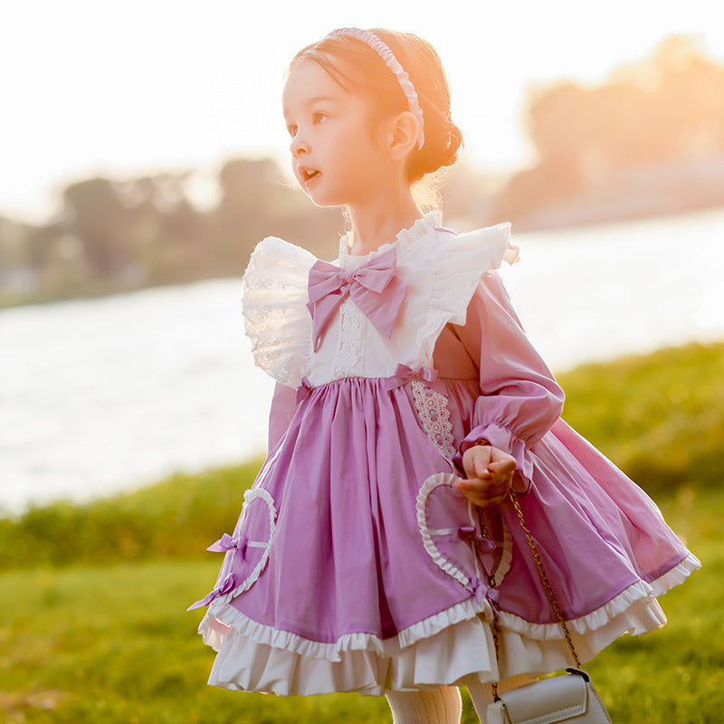 Vestido hinchado para niñas con lazo de otoño e invierno