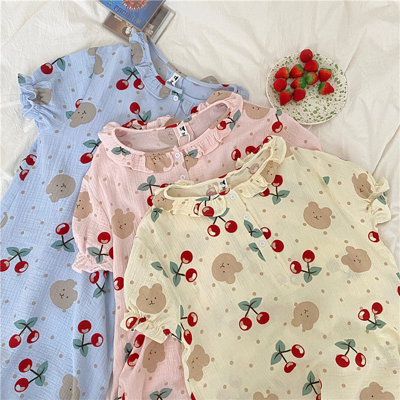 Women's Pajamas Sweet And Cute Big Cherry Print Loose Homewear Nightdress Dress