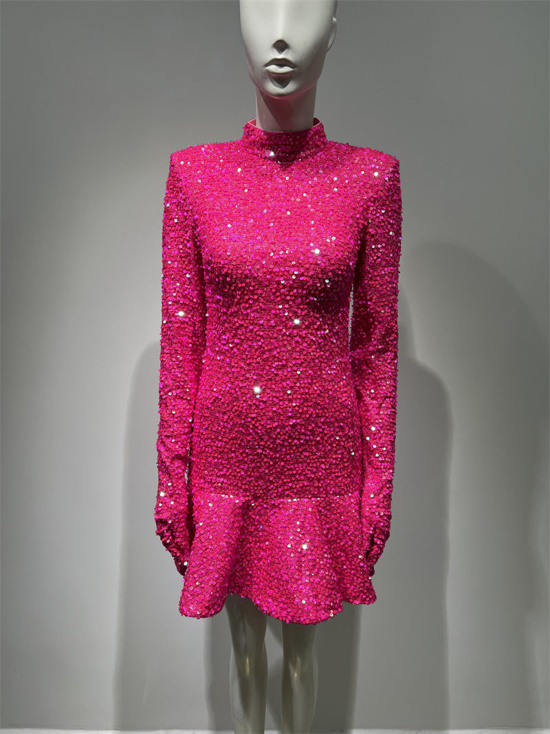 Robe de soirée dos nu à paillettes rouges roses pour femmes