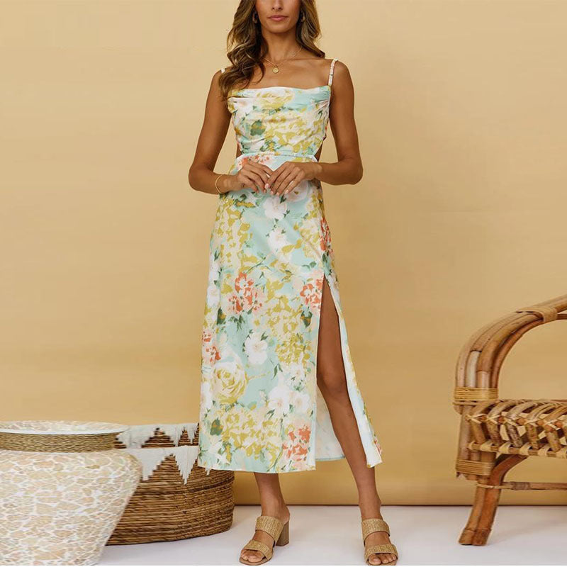 Vestido con abertura floral y tirantes temperamento para mujer