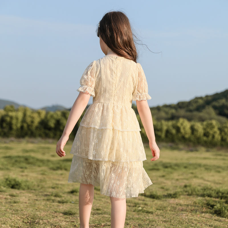 Girls' Simple Long Lace Cake Dress