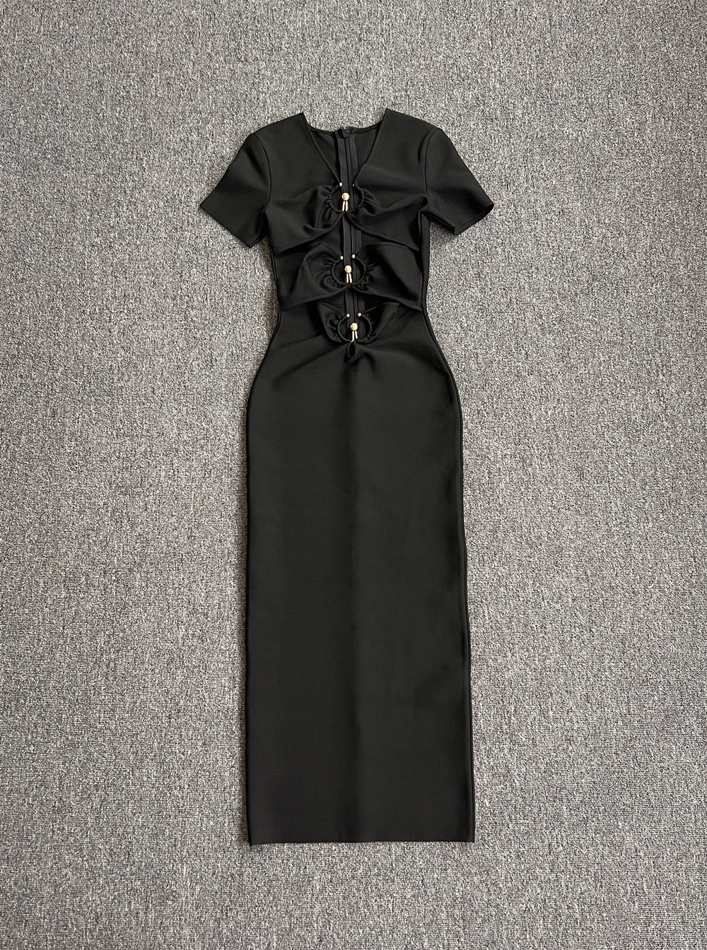 Robe longue à bandes pour femmes, accessoires en métal de haute qualité, élégante, longue, Slim, manches courtes, une pièce, été