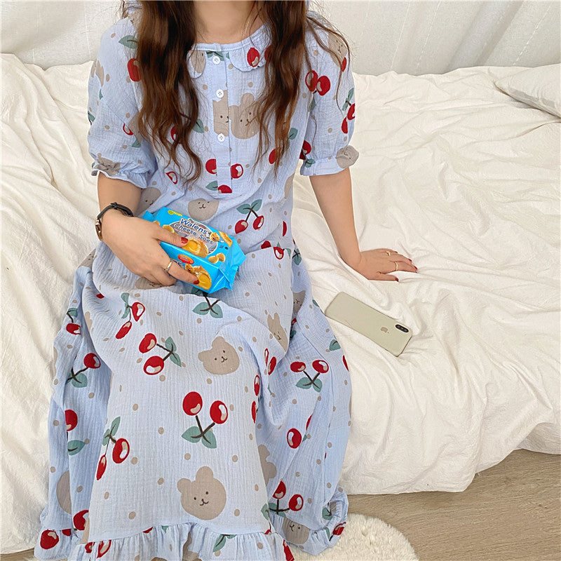 Women's Pajamas Sweet And Cute Big Cherry Print Loose Homewear Nightdress Dress