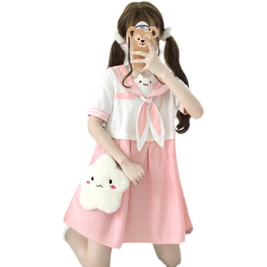 Fille douce japonaise Lolita oreilles de lapin mignon col bleu robe femme été doux fille étudiant poupée jupe