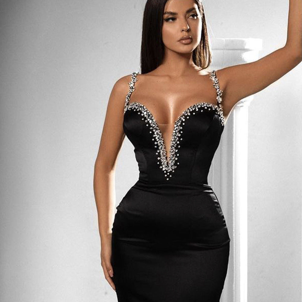 Black Suspender Sewn Diamond Elastic Slim Fitting Bandage Dress