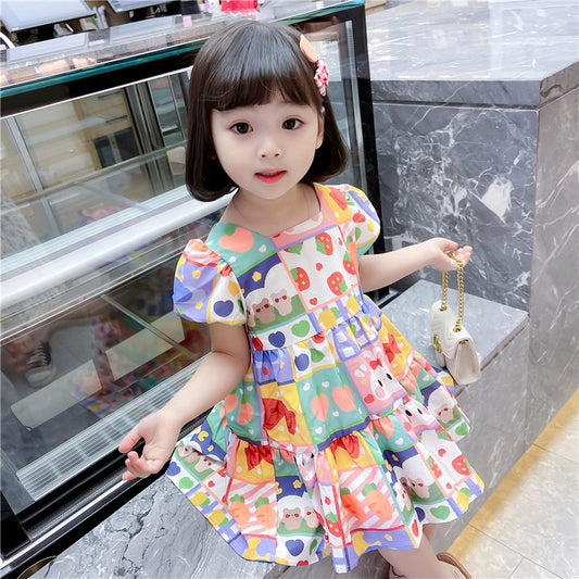 Children's Chiffon Cute Rabbit Graffiti Puff Sleeve Dress