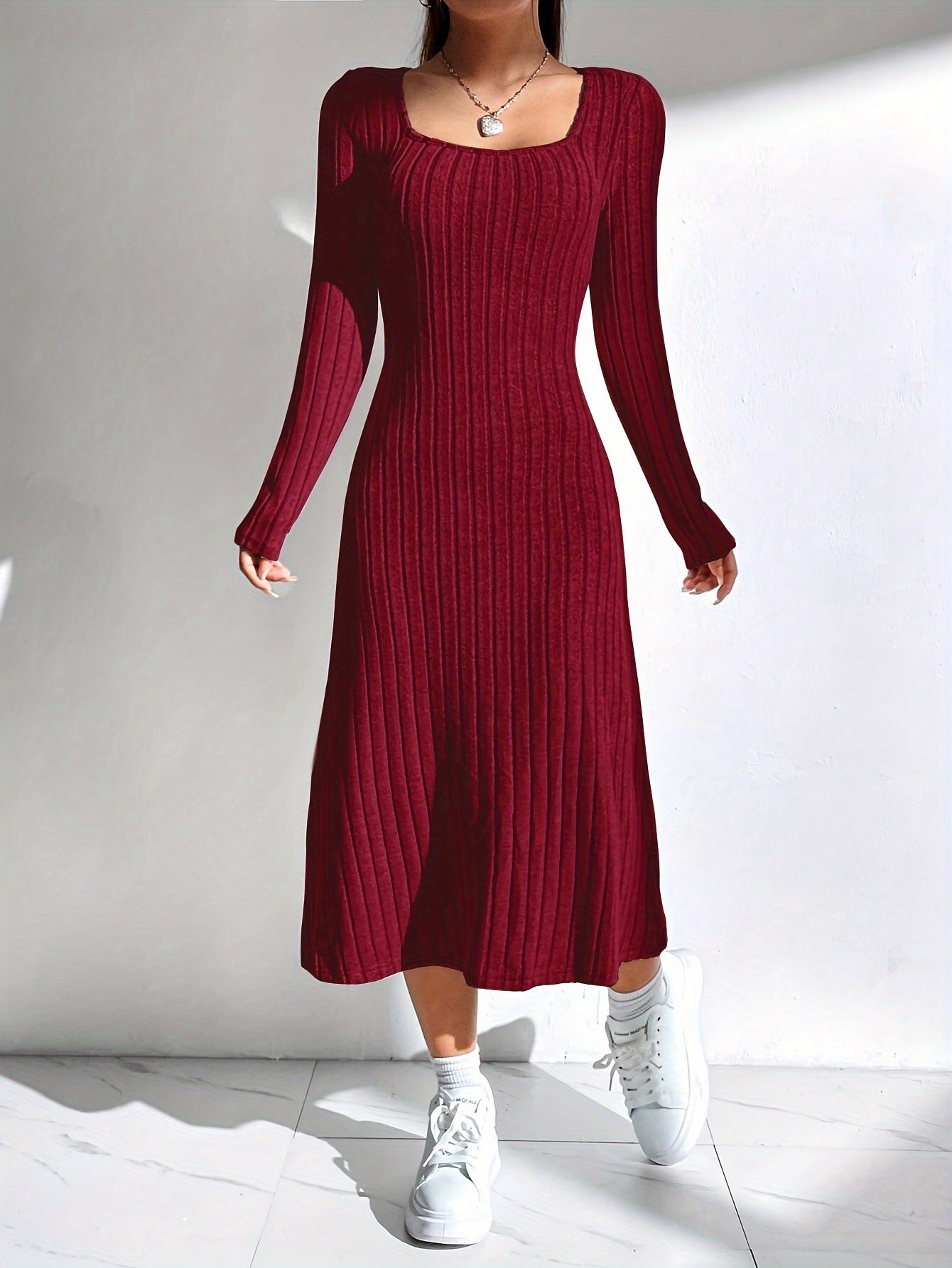 Thread Knitted Sunken Stripe Long Sleeve Big Hem Dress