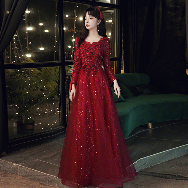 Bridal Red High-end Engagement Summer Long-sleeve Evening Dress