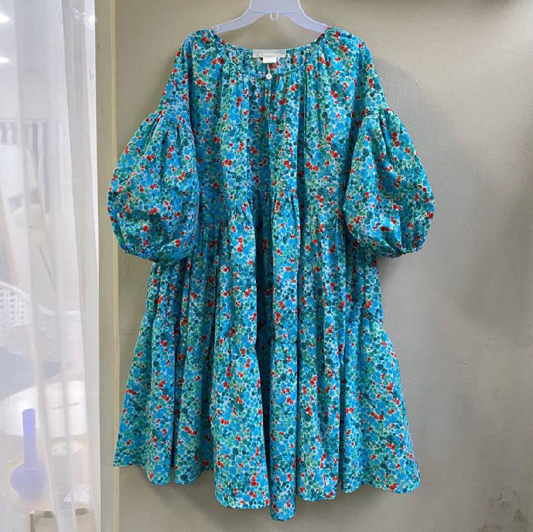 Loose Floral Pleated Balloon Sleeve Dress