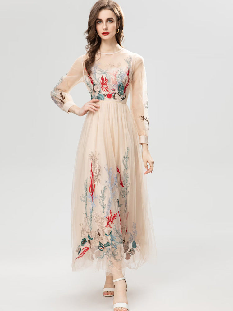 Robe longue transparente abricot, broderie florale exquise, robe de Style princesse