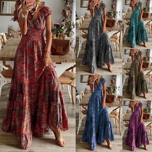 Waist Floral Print Large Hem Dress