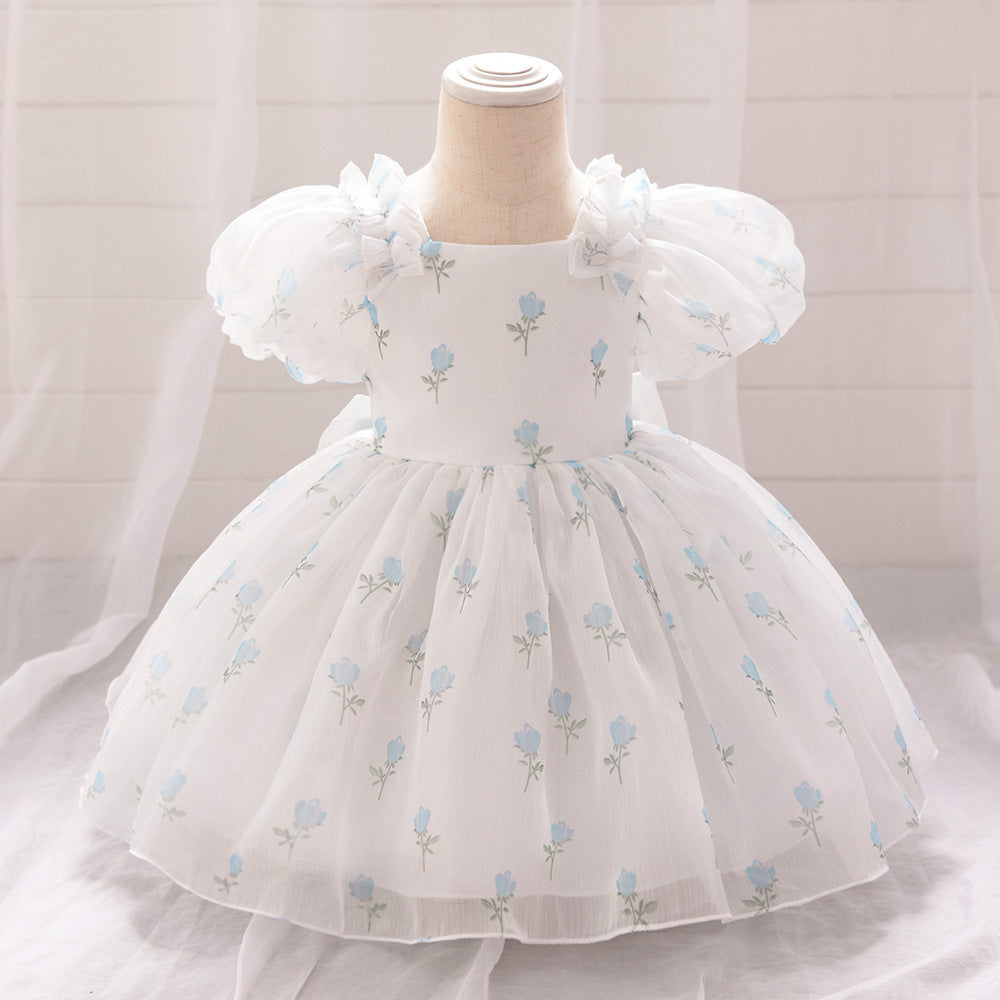 Children's Floral Skirt Little Girl Bow Puff Sleeve Dress