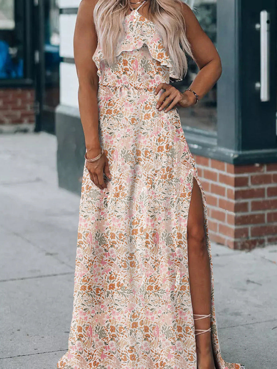 Vestido de verano con cuello halter y volantes para mujer, estampado floral, falda con abertura