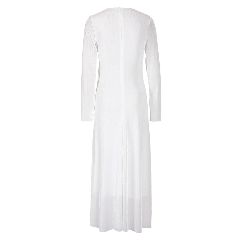 Robe plissée à manches longues et nœud métallique pour femmes, coupe ajustée