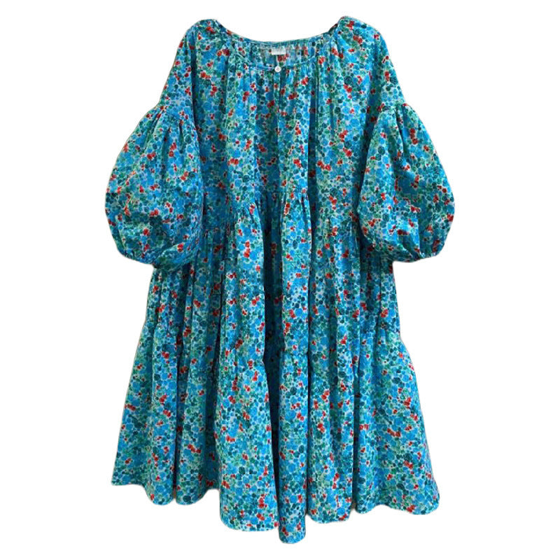 Loose Floral Pleated Balloon Sleeve Dress