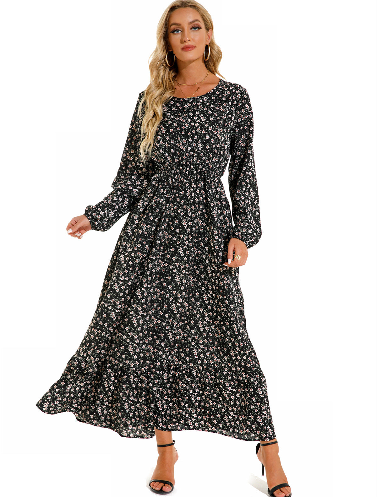 Women's Graceful And Fashionable Round Neck Floral Dress