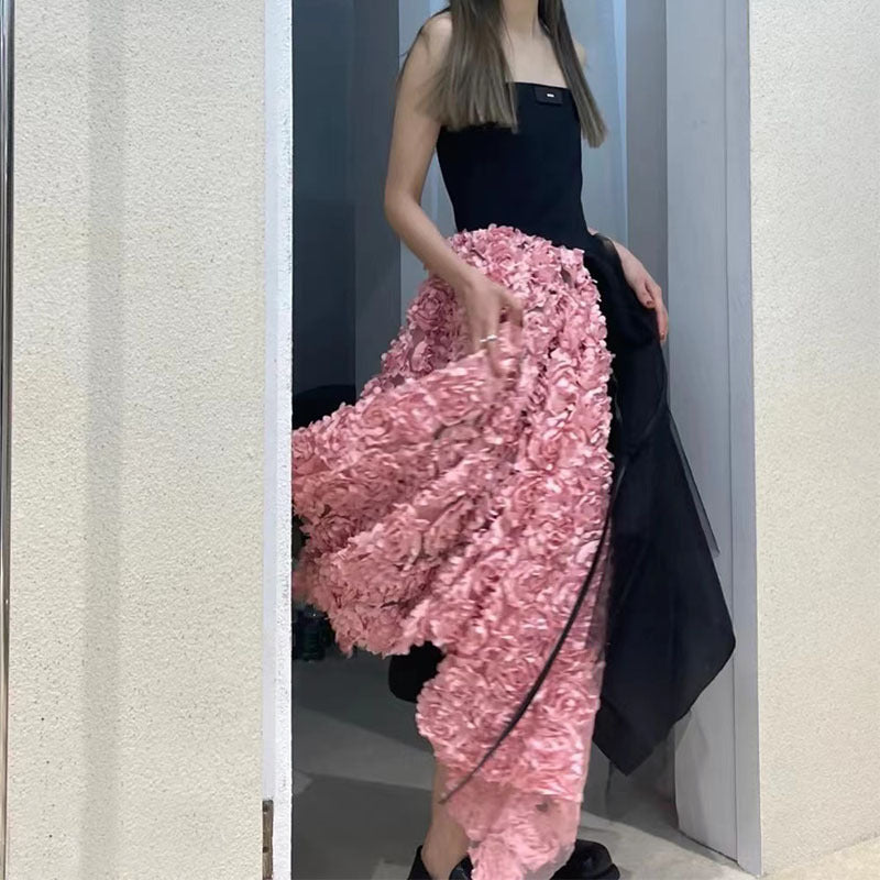 Robe à bretelles taille haute irrégulière à fleurs tridimensionnelles pour petites femmes