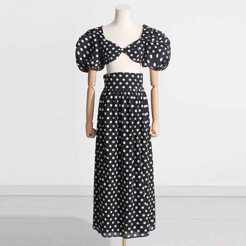 Woman Square-neck Puff Sleeve Top High Waist Slit Polka Dot Printed Dress Suit