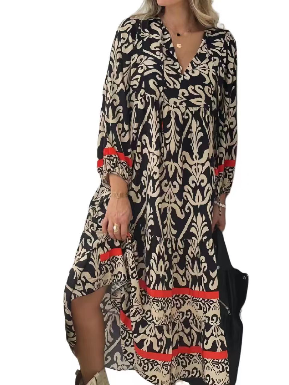 Floral Print Outdoor Long Sleeve V-neck Dress