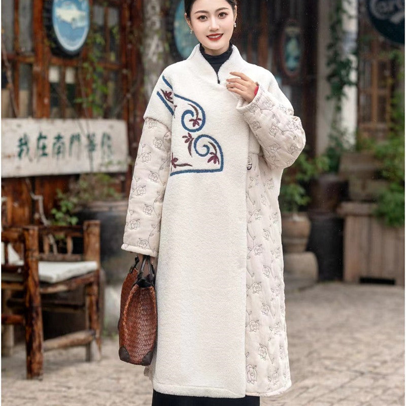 Robe longue en coton pour femme, manteau brodé de Style chinois, coutures épaisses