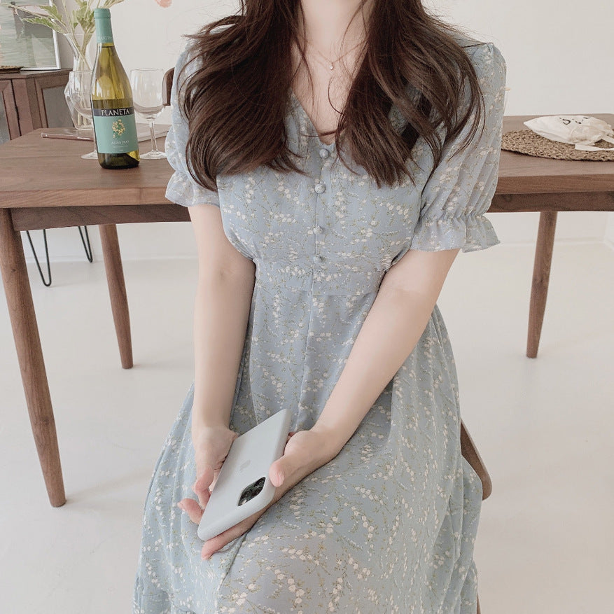 Floral Chiffon Summer New Short Sleeve Waist-controlled Slimming Mid-length Printed Dress Women