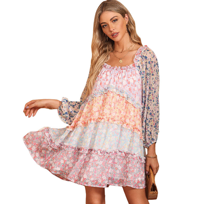 Color Matching Floral Dress Women's Pullover