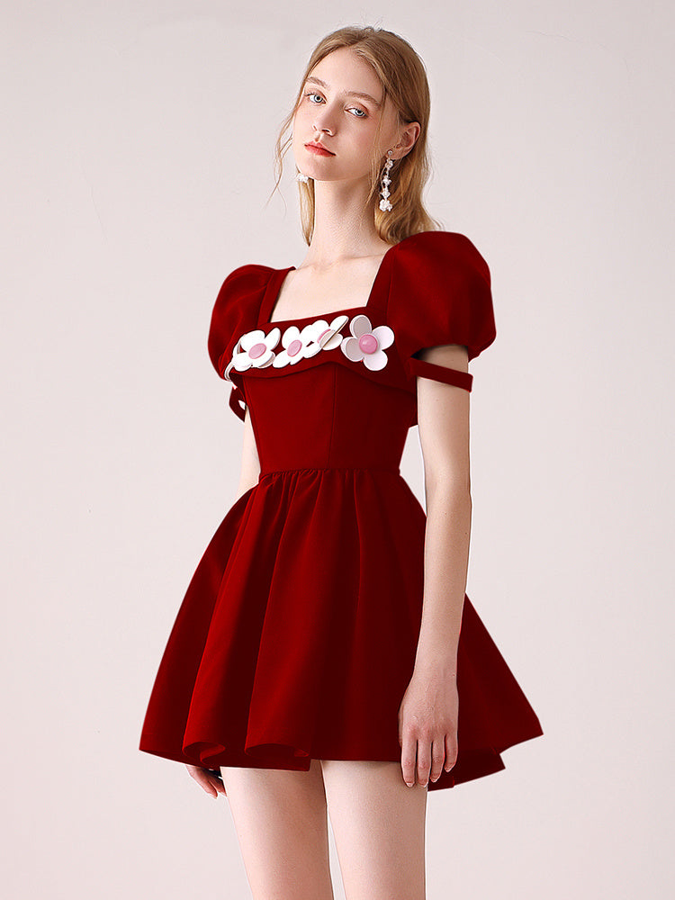 Women's Red Dress Three-dimensional Flower Temperament