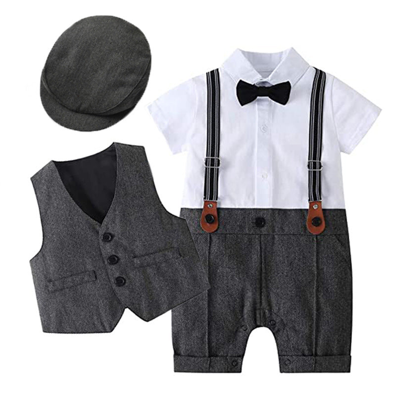 Children's Gentleman Short-sleeved Jumpsuit Vest Hat Set