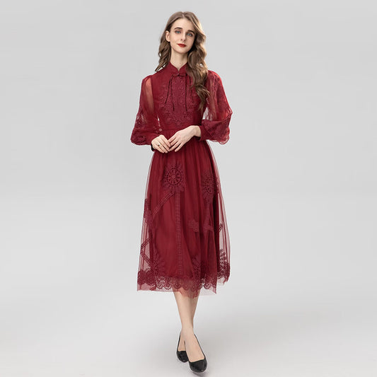 Waist Temperament Burgundy Dress Girl